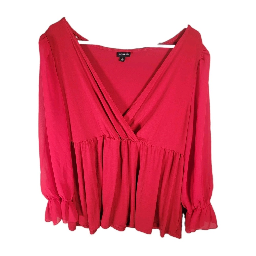 Torrid Blouse Womens 3 3X Red Stretch Knit Chiffon Ruffle Balloon Sleeve Peplum